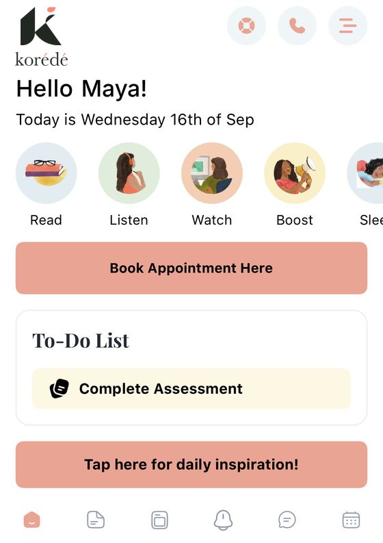 The client app home screen: a greeting, quick links to read, listen and watch, a button to book an appointment, and a to-do list